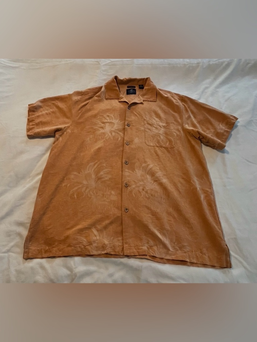 Men’s Caribbean Joe Orange Tone Print Button-Down Silk Short Sleeve Size XXL EUC